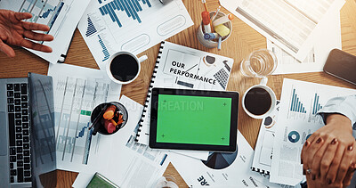 Buy stock photo Tablet, green screen and above business people in office for research, finance report and performance. Mockup space, hands and laptop for paperwork, tax information and investment proposal graphs
