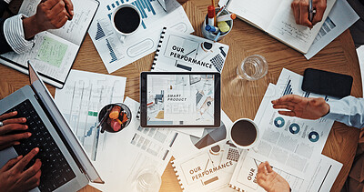 Buy stock photo Documents, research and tablet with hands of business people for performance report, budget and meeting. Teamwork, stakeholder review and revenue paperwork with above of employees and screen