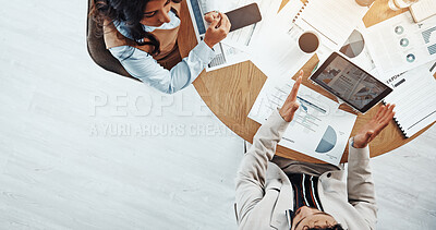 Buy stock photo Meeting, documents and business people in office with tablet for investment statistics. Paperwork, space and technology in workplace for financial advisors, finance graphs and data charts from above