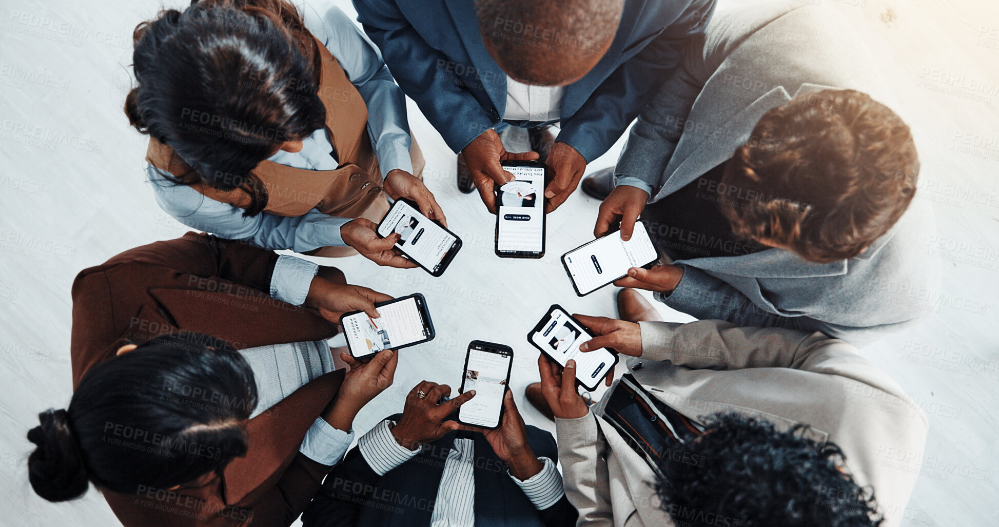 Buy stock photo Business people, meeting or huddle with phone in circle above for network or data sync in office. Screen, group or employees browsing with mobile smartphone for information, research or sharing app