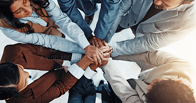 Buy stock photo `Teamwork, hands stack and above of business people in office for solidarity, support and partnership. Professional, corporate and workers together for collaboration, agreement and coworking synergy
