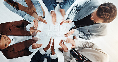 Buy stock photo Above, applause and business people in office, cheering and team building with achievement. Group, men and women in workplace, clapping and success with profit growth, kpi goals and opportunity