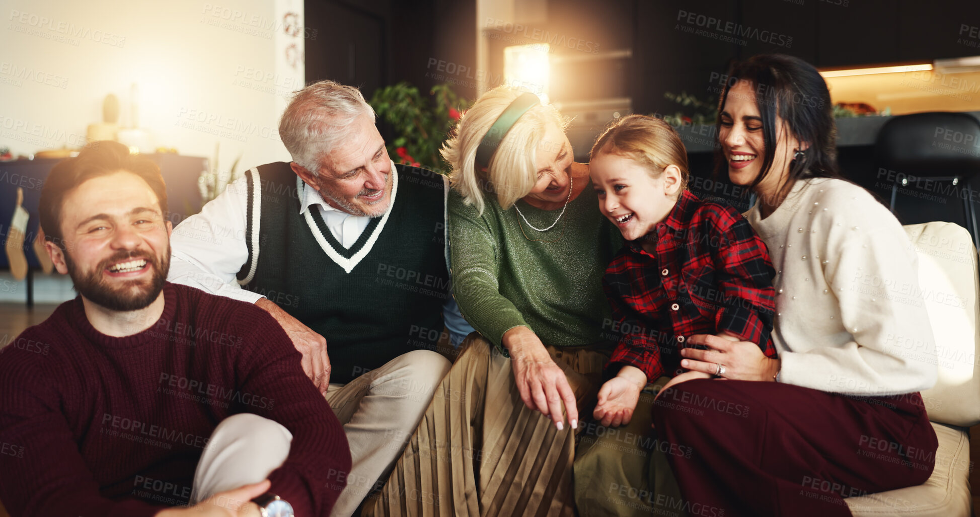 Buy stock photo Grandparents, parents and child on sofa for Christmas, festive season and bonding on holiday. Happy family, home and girl with mom, dad and senior people relax for tradition, celebration and xmas