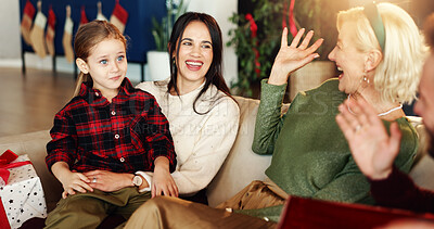 Buy stock photo Grandma, mom and child in home for Christmas, festive season and bonding on holiday. Happy family, laugh and girl on sofa with funny joke, care and senior woman to relax for tradition, kid or love