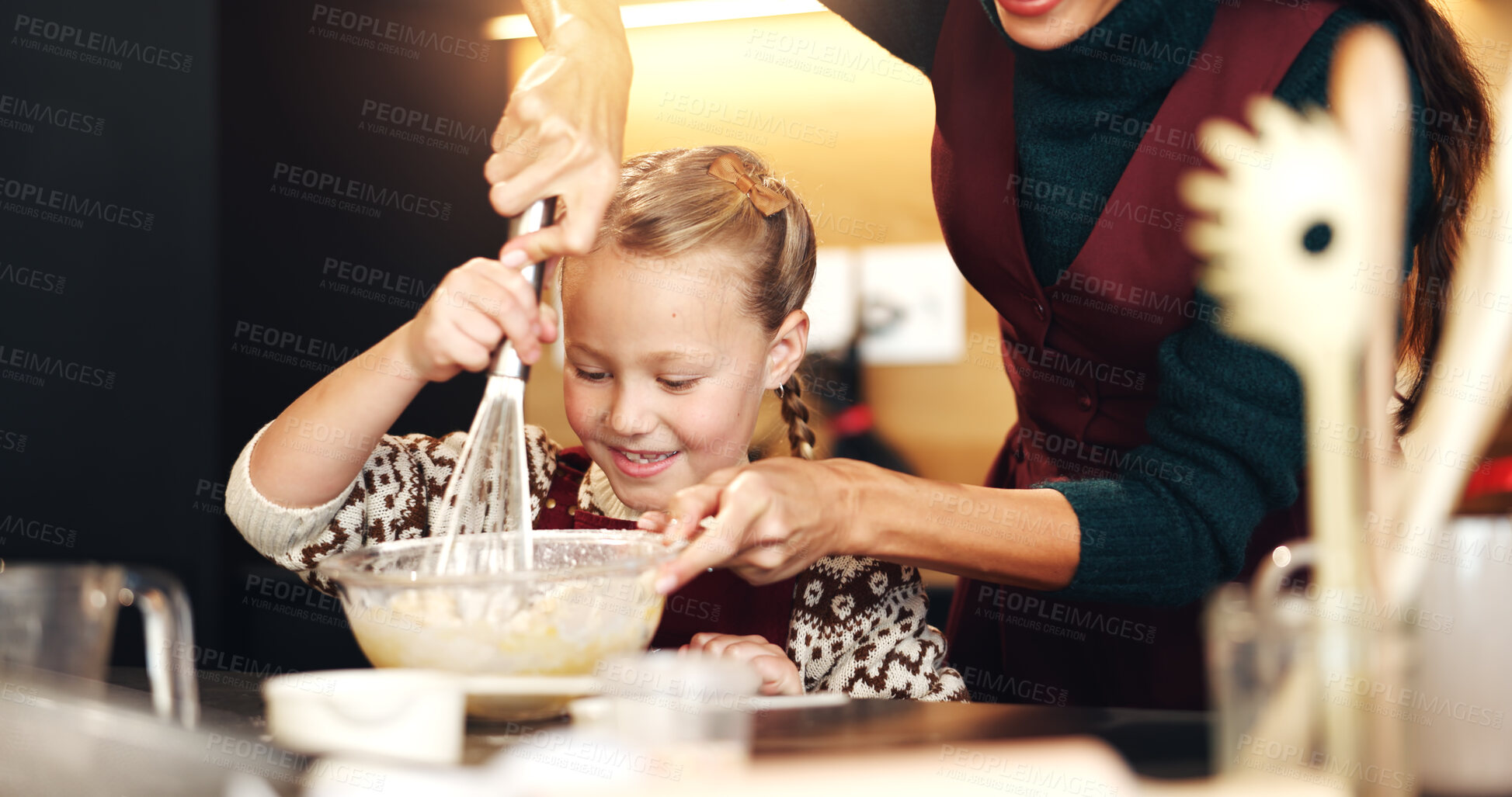 Buy stock photo Mom, girl and baking at Christmas with learning, whisk and support for festive holiday in home. People, mother and daughter in kitchen, happy and mixing ingredients for xmas cookies in family house