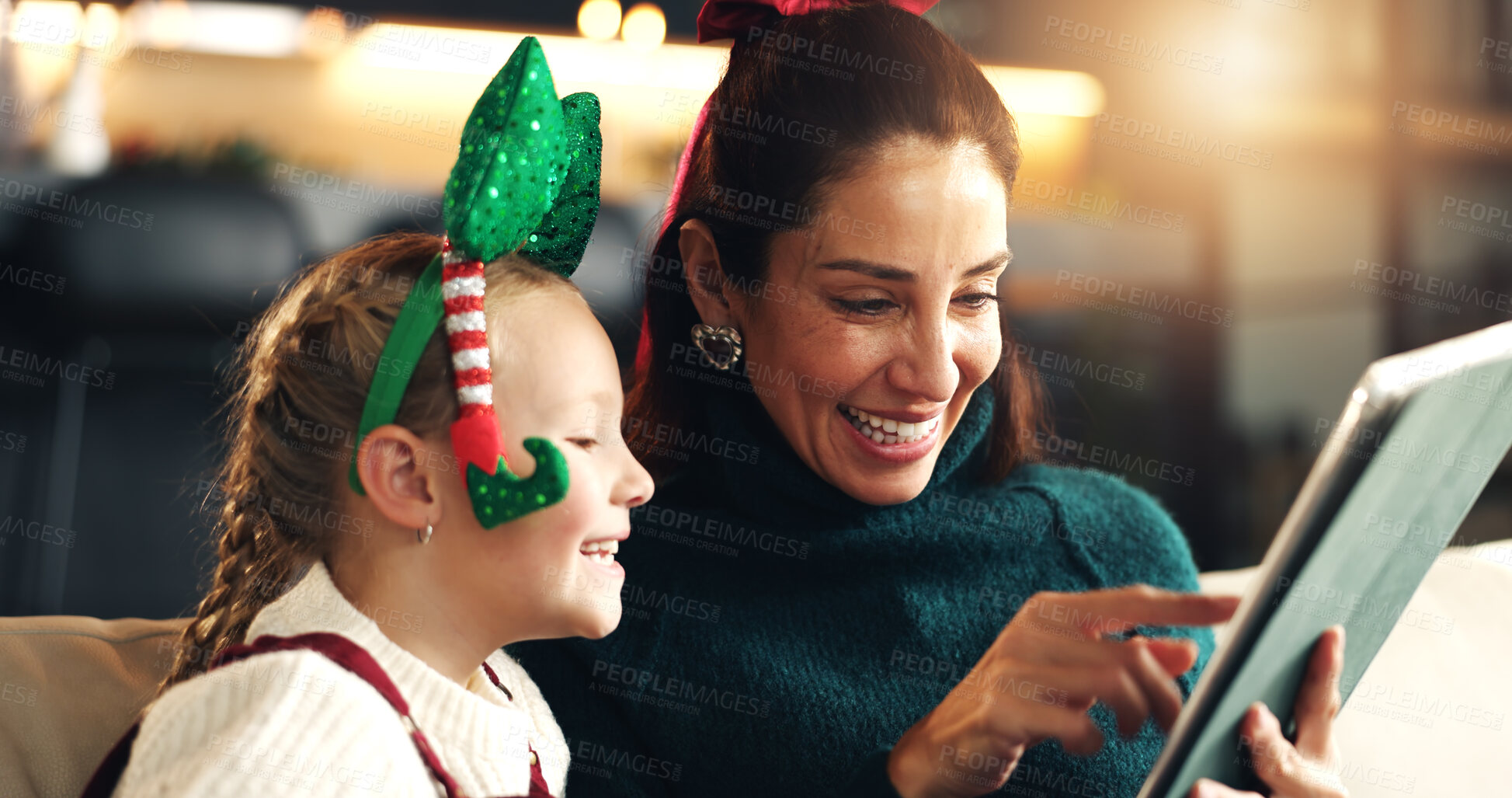 Buy stock photo Christmas, happy mother and kid with tablet for holiday movie, game or gift shopping in house. Xmas, parent and child with tech in living room for festive show, learning or family scroll online store