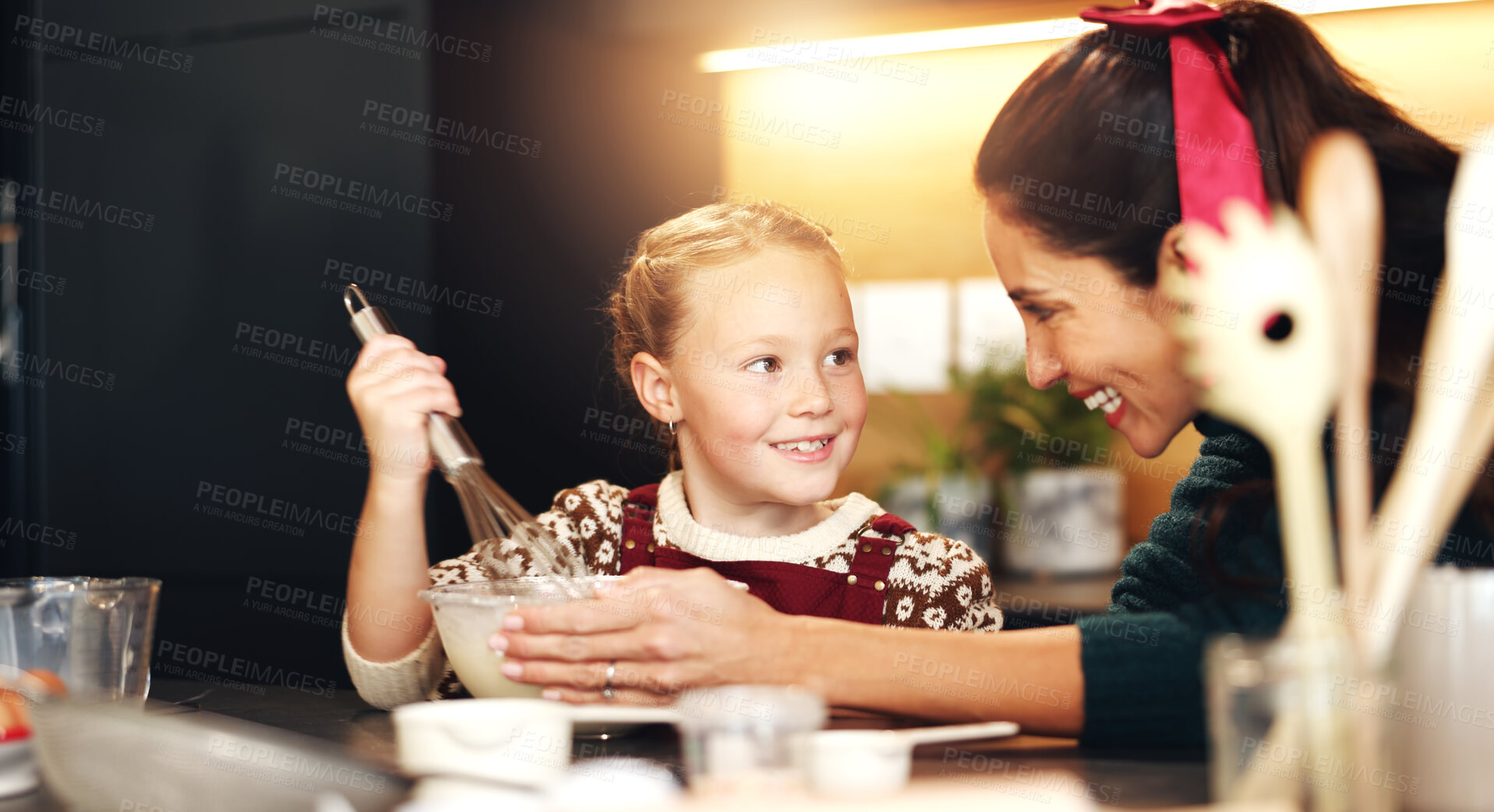 Buy stock photo Whisk, happy mother and child baking on Christmas for learning, love and mix dough in home kitchen. Parent, kid and cooking with flour, help and teaching recipe to girl with family on xmas holiday