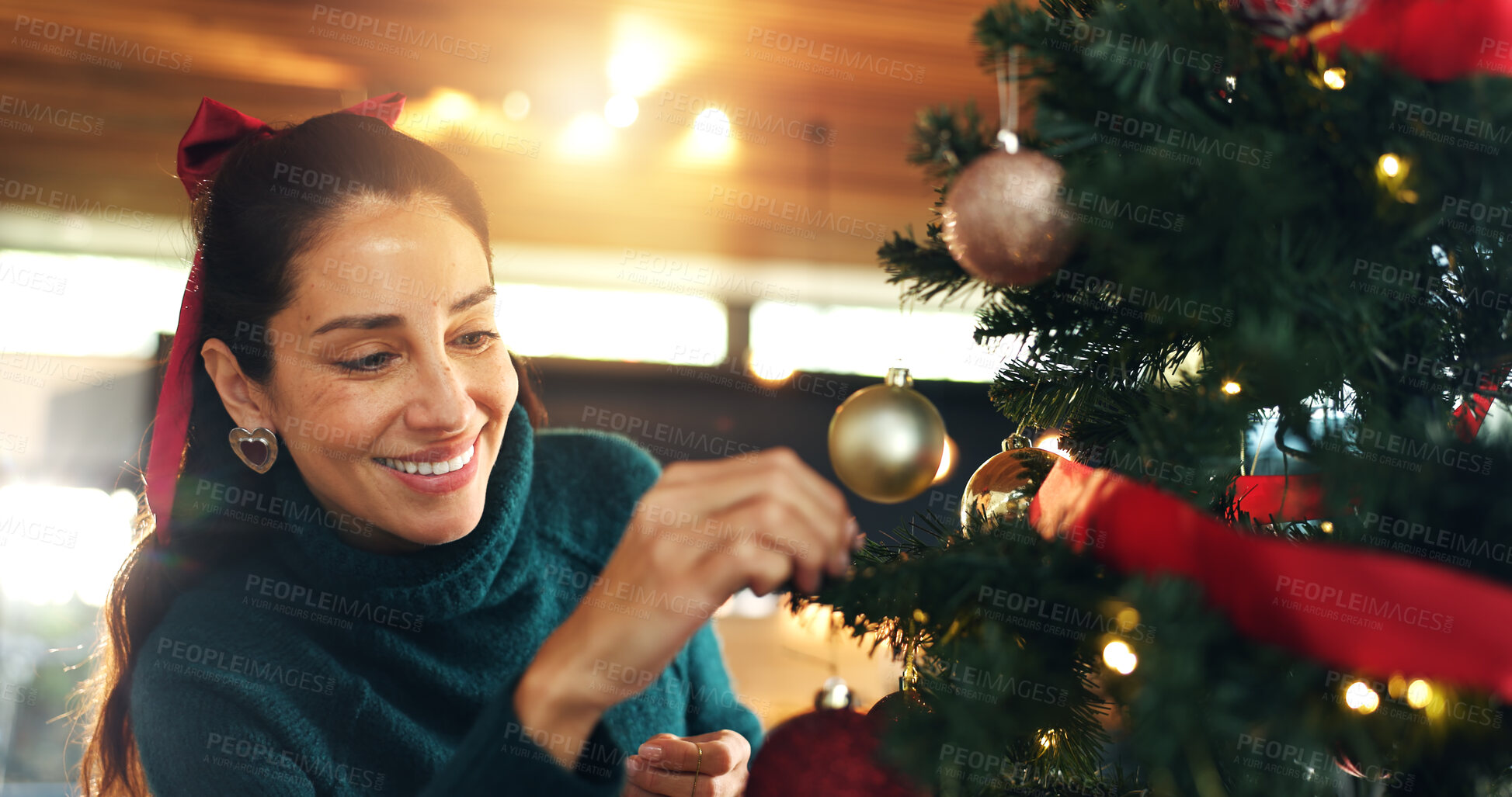 Buy stock photo Smile, woman and tree with ornament on Christmas for celebration, decoration and festive season. Happy, female person and bauble trinket for preparation, sparkle aesthetic and xmas tradition at house