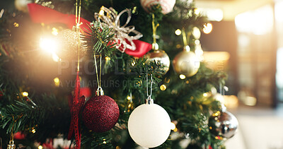 Buy stock photo Christmas tree, bauble or light with decor for festive holiday, December or celebration in home. Closeup, object or decorations with ornaments hanging for christian tradition, Santa theme or new year
