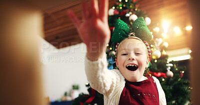 Buy stock photo Christmas, surprise and happy child with gift box in low angle for festive celebration. POV, xmas and excited girl open present with shock, wow and unboxing package with portrait on holiday below