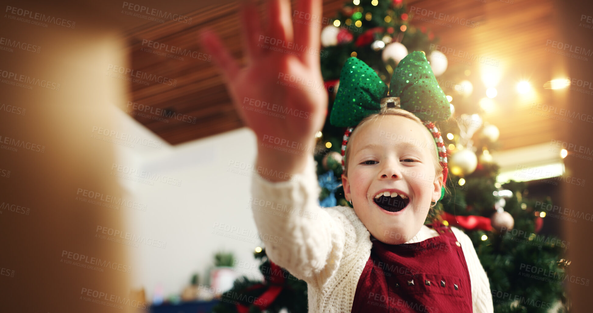 Buy stock photo Christmas, surprise and happy child with gift box in low angle for festive celebration. POV, xmas and excited girl open present with shock, wow and unboxing package with portrait on holiday below
