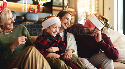 Buy stock photo Grandparents, parents and child in home for Christmas, festive season and bonding on holiday. Happy family, laugh and girl with mom, dad and senior people relax for tradition, celebration and xmas