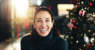 Buy stock photo Smile, portrait and Christmas with woman in home for holiday season, happiness and xmas tradition. Festive celebration, winter break and relax with person in living room of house for vacation