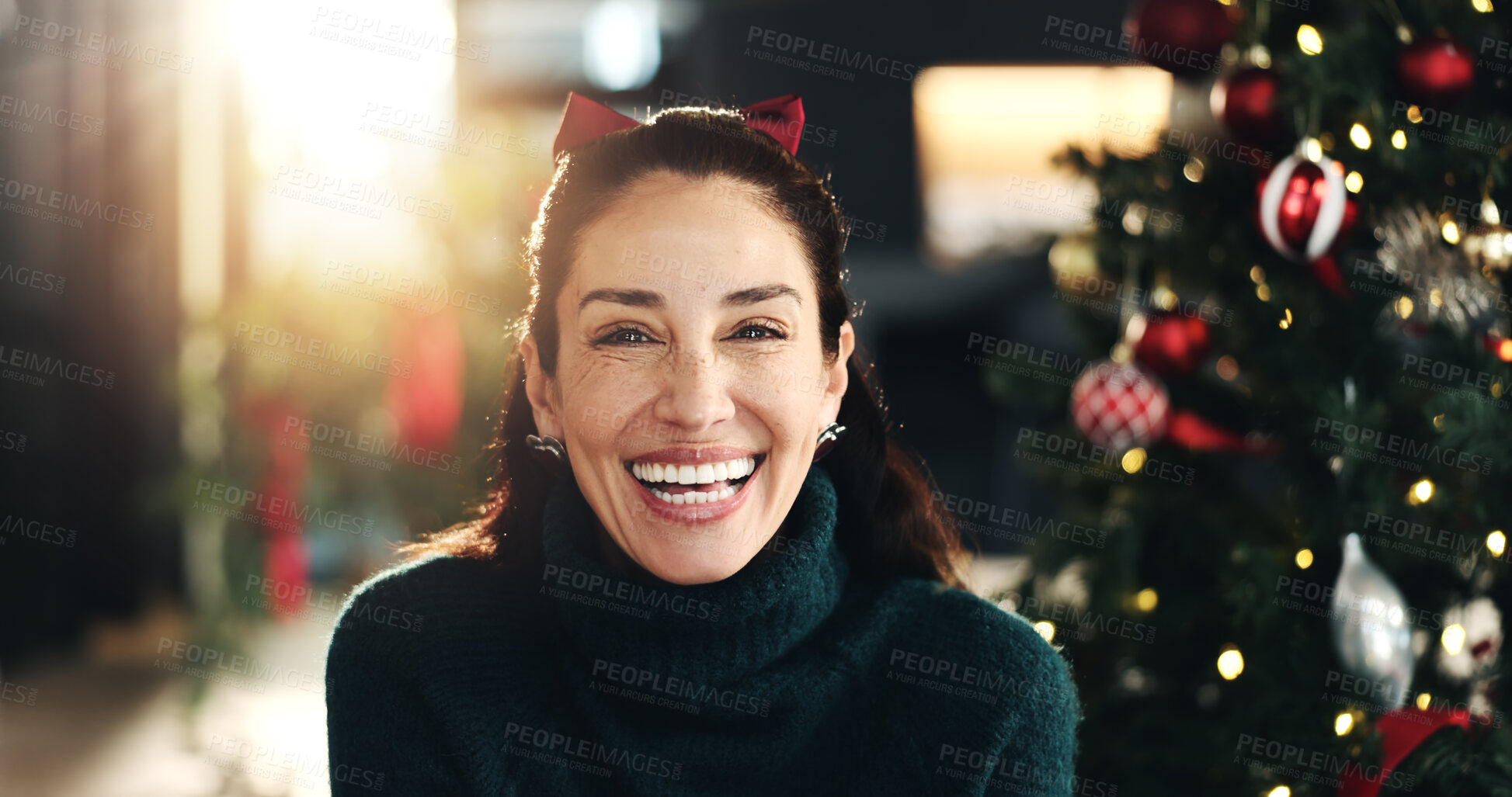 Buy stock photo Smile, portrait and Christmas with woman in home for holiday season, happiness and xmas tradition. Festive celebration, winter break and relax with person in living room of house for vacation