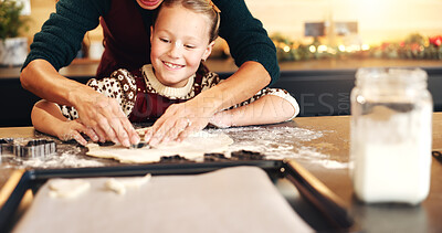 Buy stock photo Baking, home and mother with girl, dough and bonding together with parent, love and learning. Child development, culinary skills and mama with daughter, help and family with happiness and teaching