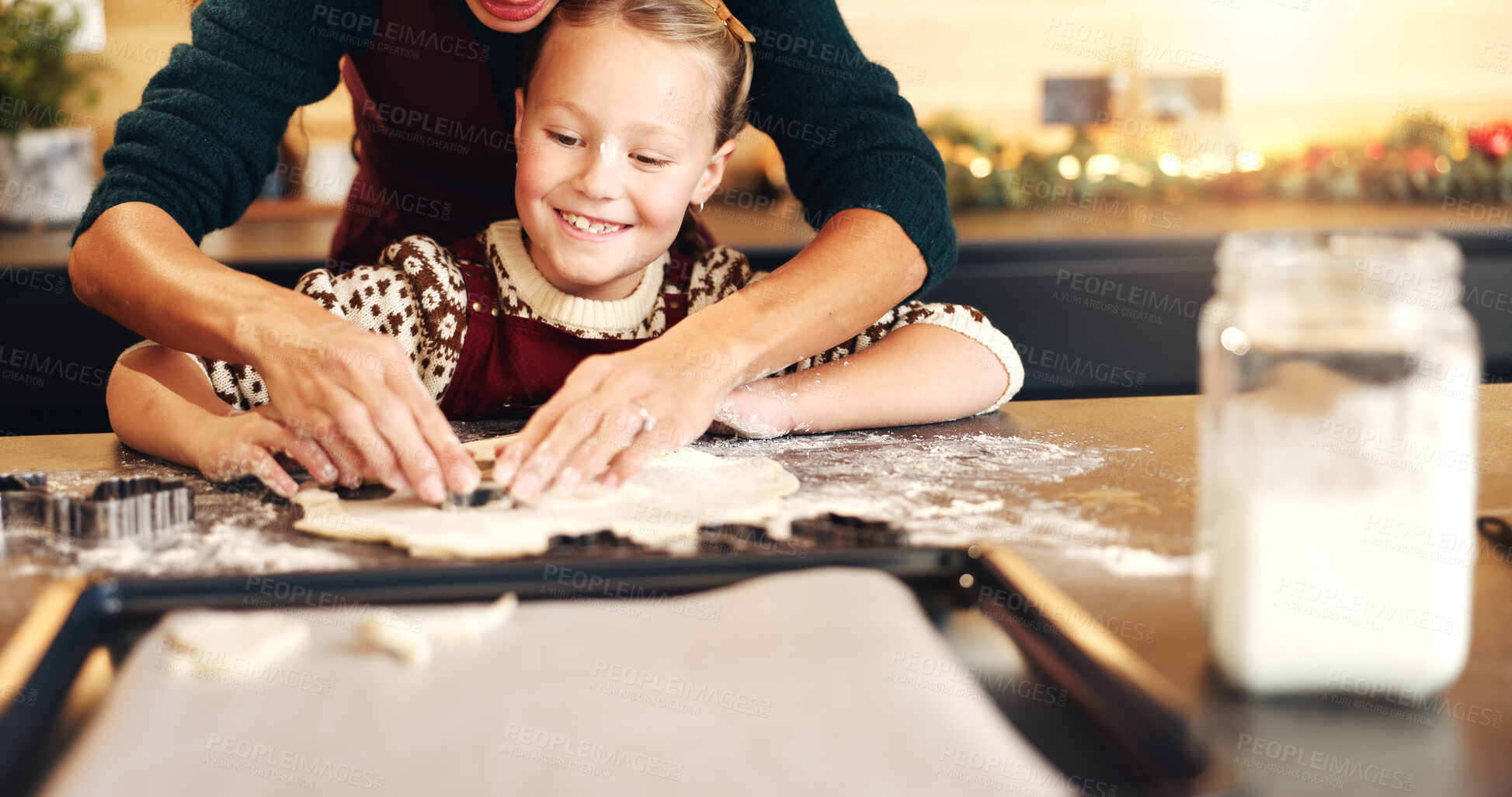 Buy stock photo Baking, home and mother with girl, dough and bonding together with parent, love and learning. Child development, culinary skills and mama with daughter, help and family with happiness and teaching