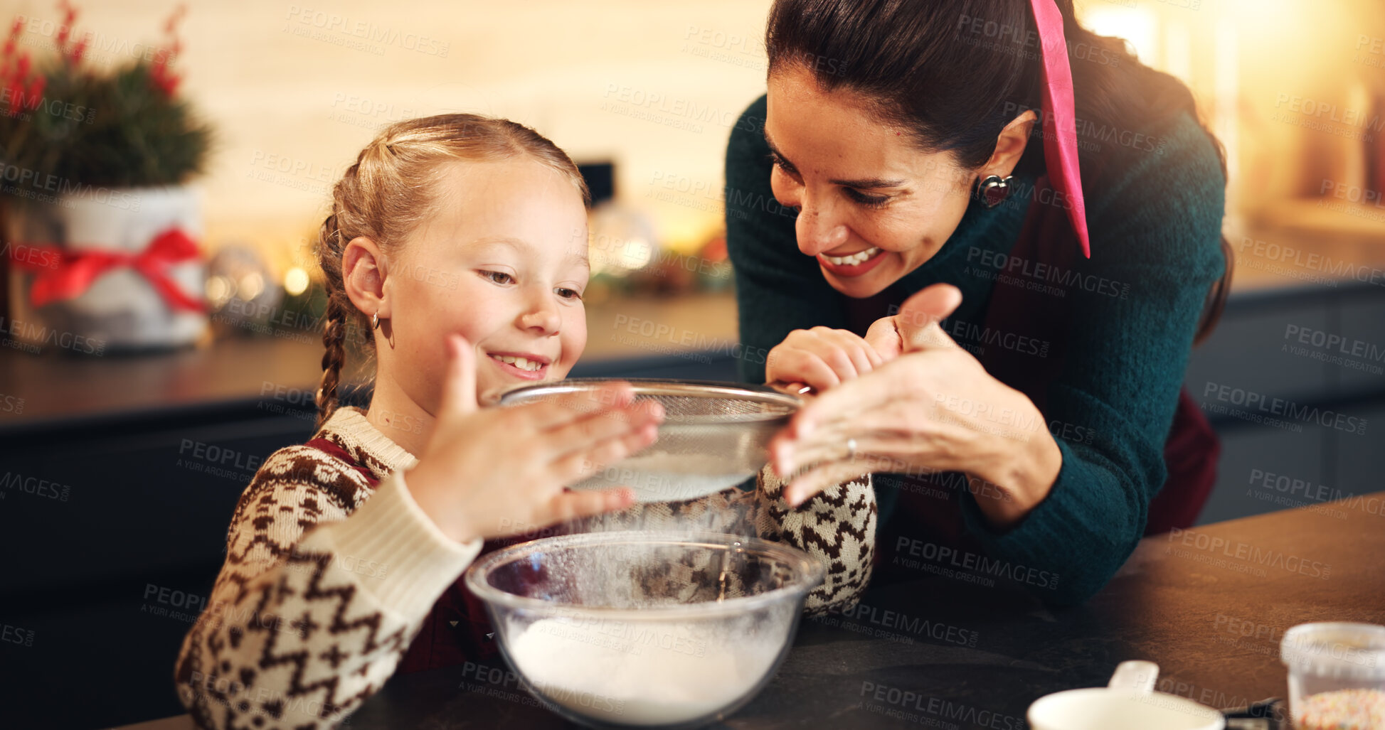 Buy stock photo Baking, help and mother in kitchen, girl and bonding together with ingredients, love or flour. Child development, home or mama with daughter, parent or family with growth, culinary skills or learning