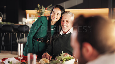 Buy stock photo Hug, Christmas and woman with senior father for vacation dinner, bonding and excited. December, holiday or festive surprise with family, food and celebration with smile and social gathering in home