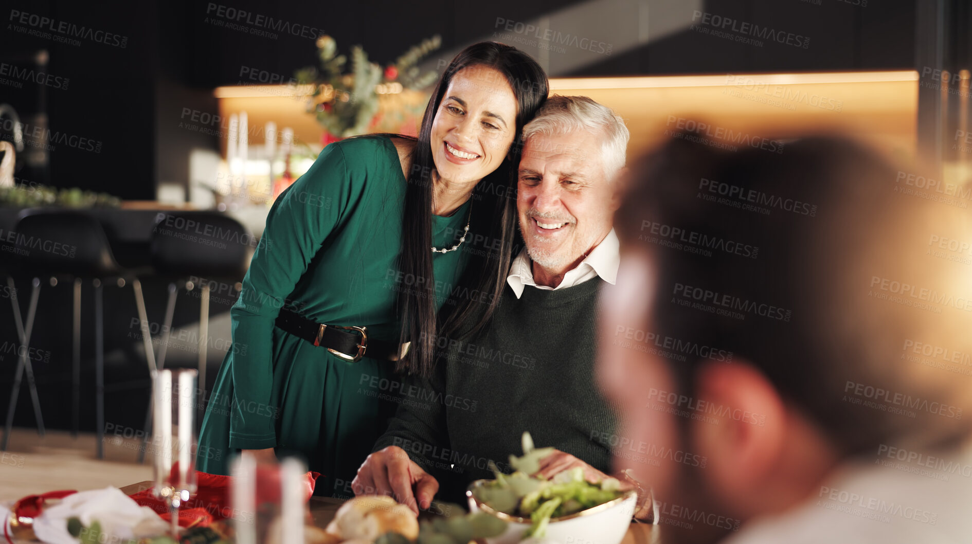 Buy stock photo Hug, Christmas and woman with senior father for vacation dinner, bonding and excited. December, holiday or festive surprise with family, food and celebration with smile and social gathering in home