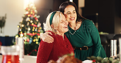 Buy stock photo Hug, Christmas and woman with senior parent for vacation, bonding and excited. December, holiday or festive season with family, mature mother and celebration with smile and social gathering in home