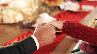 Buy stock photo People, holding hands or thanksgiving with dinner for meal, event or Christmas feast together. Closeup, family or praying with faith at dining table for praise, December tradition or new year in home