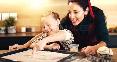 Buy stock photo Christmas, baking and smile of woman with daughter in kitchen of home for bonding or celebration. Flour, ingredients or recipe with happy mother and girl child in apartment for festive cooking