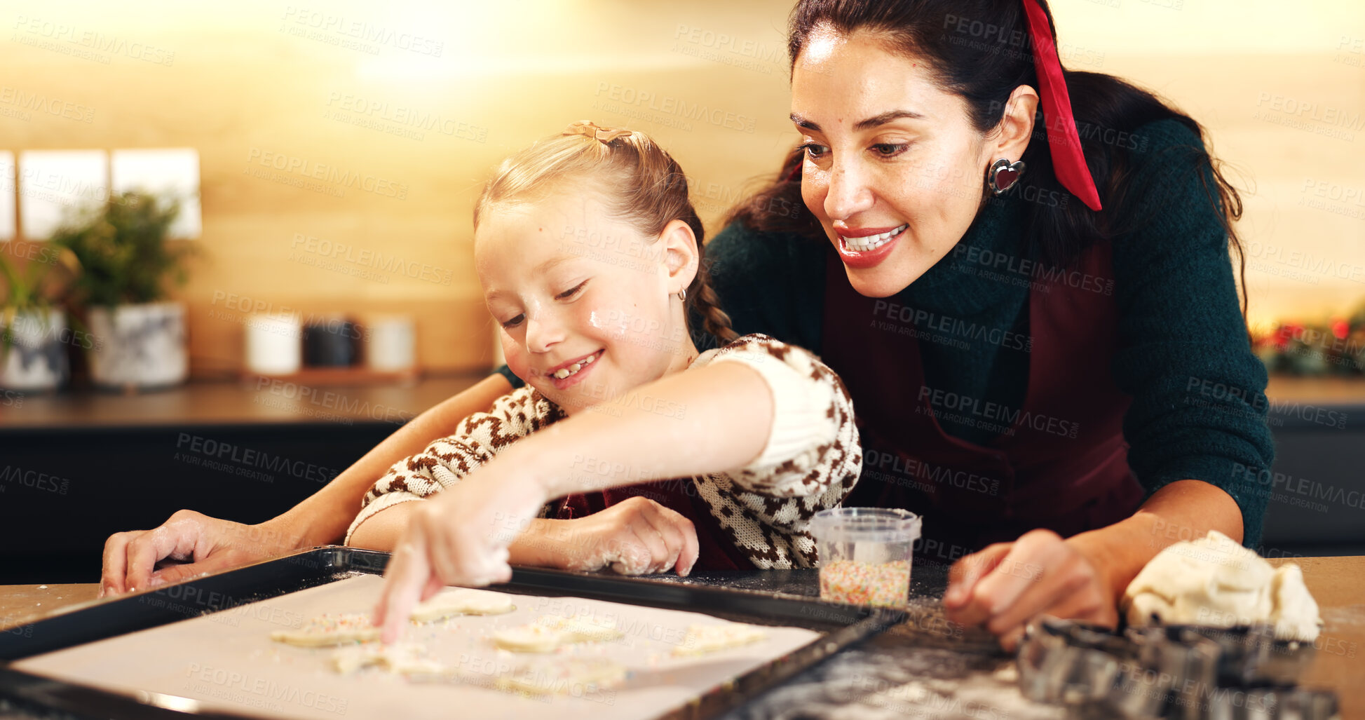 Buy stock photo Christmas, baking and smile of woman with daughter in kitchen of home for bonding or celebration. Flour, ingredients or recipe with happy mother and girl child in apartment for festive cooking