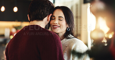 Buy stock photo Dancing, couple and embrace for Christmas, home or romance in festive season, smile and celebration. Happy, woman and bonding with man on holiday, December or love on weekend in house or relationship