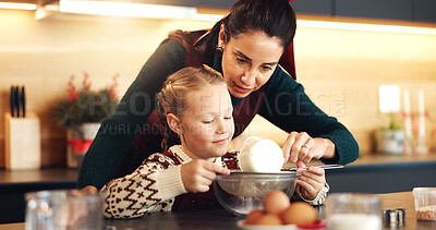Buy stock photo Baking, love and mother in kitchen, girl and bonding together with ingredients, bowl and learning. Child development, home and mama with daughter, parent and family with growth, teaching or meal prep