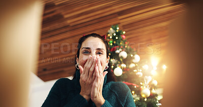 Buy stock photo Christmas, surprise and happy woman with gift box in low angle for festive celebration. POV, xmas and excited person open present with shock, wow and package with portrait on holiday at home below