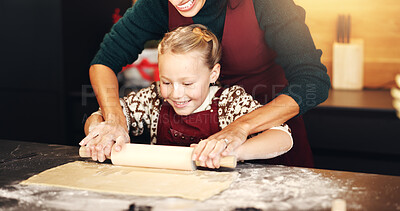 Buy stock photo Rolling pin, mom and child baking in home for learning, love or bonding in kitchen. Parent, kid and hands cooking with flour dough, help and teaching recipe to happy girl for dessert with family