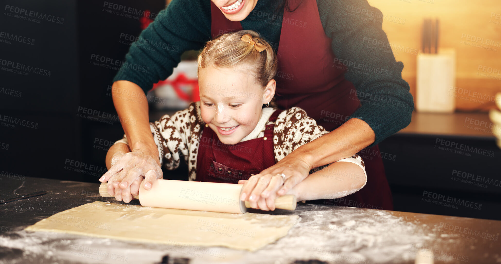 Buy stock photo Rolling pin, mom and child baking in home for learning, love or bonding in kitchen. Parent, kid and hands cooking with flour dough, help and teaching recipe to happy girl for dessert with family