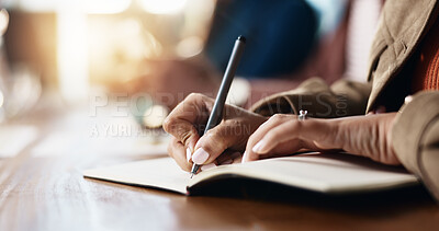 Buy stock photo Business person, hands and writing with book for reminder, schedule or taking notes in office. Closeup, employee or event planner with pen, notebook or diary for ideas, agenda or tasks in workplace