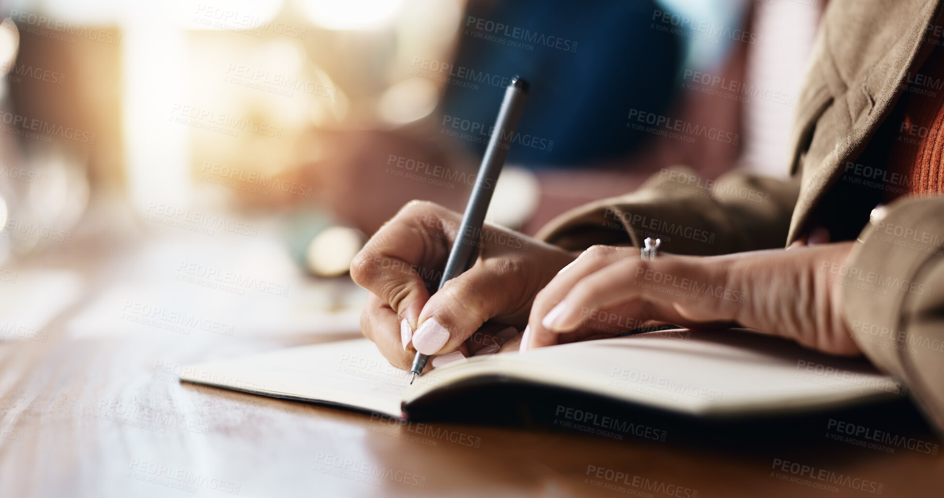 Buy stock photo Business person, hands and writing with book for reminder, schedule or taking notes in office. Closeup, employee or event planner with pen, notebook or diary for ideas, agenda or tasks in workplace