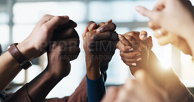 Buy stock photo Community, holding hands and business people in unity for support, faith and solidarity in office. Men, women or group together for prayer, collaboration and trust with commitment and praise
