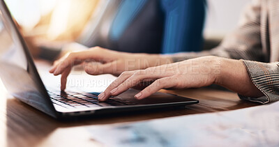 Buy stock photo Laptop, hands and businesswoman in office with research for email or contact for investment proposal. Technology, typing and female financial manager with computer for online finance report.