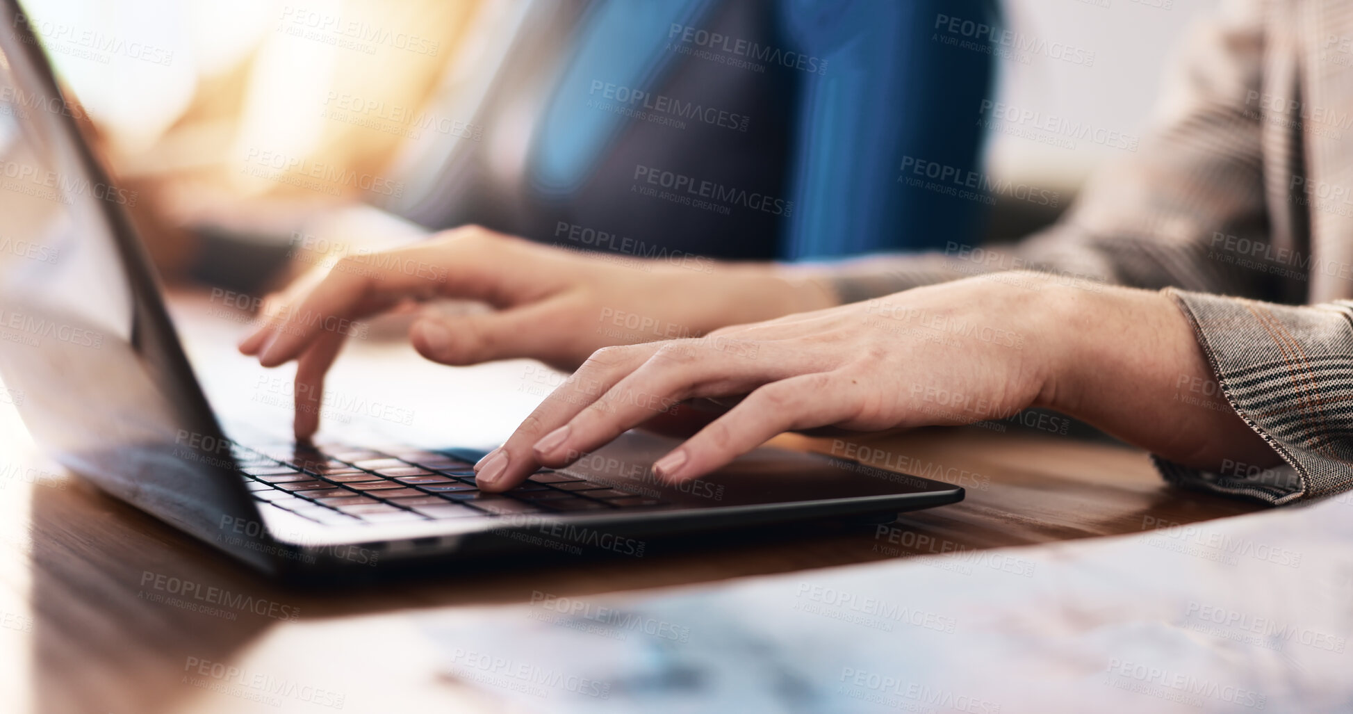 Buy stock photo Laptop, hands and businesswoman in office with research for email or contact for investment proposal. Technology, typing and female financial manager with computer for online finance report.