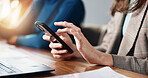 Hands, mobile and business woman in office for social media, chat feedback or campaign proposal. Phone, creative and worker on internet at workplace for meeting, coworking or brand promotion email