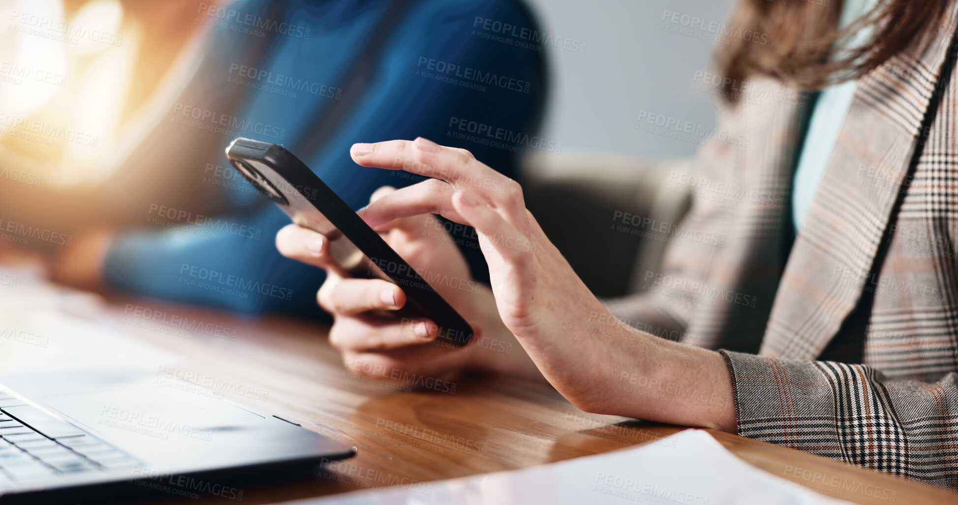 Buy stock photo Hands, mobile and business woman in office for social media, chat feedback or campaign proposal. Phone, creative and worker on internet at workplace for meeting, coworking or brand promotion email