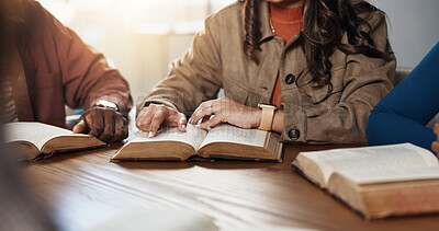 Buy stock photo Hands, reading and group for Bible study, worship or people learning gospel for religion. Faith, Christianity and knowledge about God, scripture or theology text for guidance with spiritual growth