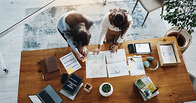 Buy stock photo Documents, technology and business women in office with planning for investment growth with teamwork. Paperwork, discussion and female financial advisors with statistics for profit report from above.