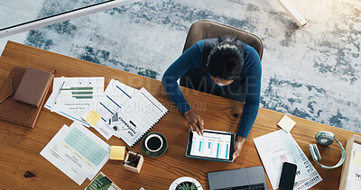 Buy stock photo Business woman, tablet and documents with statistics for performance review or sales representative. Top view, female person or analyst with technology, graph or chart for report or company analysis