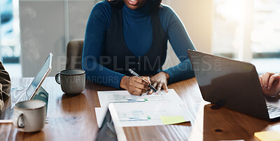 Buy stock photo Business woman, hands and checklist with documents in office for meeting schedule on calendar. Female person, event planner or coordinator with paperwork for planning agenda, tasks or project date