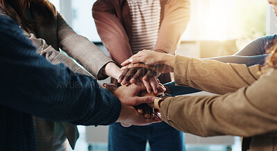 Buy stock photo Business, people and hand stack in office for team building, solidarity and trust with motivation. Staff, scrum and hands together in circle for collaboration, employees unity and huddle with synergy