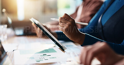 Buy stock photo Creative, hands and tablet with business person at desk in coworking office for design or development. App, pen and planning with graphic designer writing in workplace for website illustration