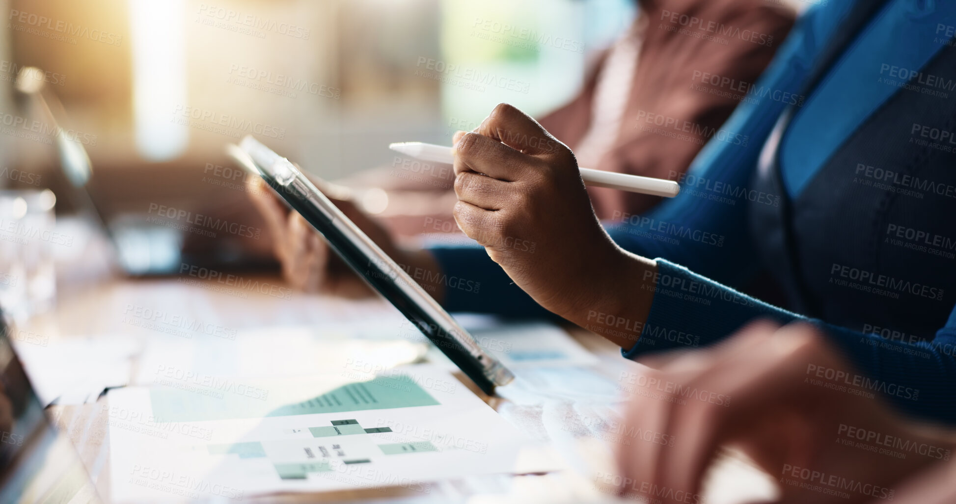 Buy stock photo Creative, hands and tablet with business person at desk in coworking office for design or development. App, pen and planning with graphic designer writing in workplace for website illustration