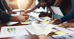 Collaboration, data and hands of business people in office boardroom for meeting or planning. Documents, marketing and strategy with employee team in workplace for chart, graph or infographic review