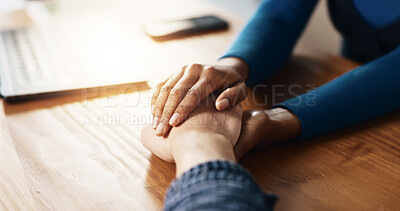Buy stock photo Help, holding hands and support with people in home together for bonding, confession or love. Empathy, hope and solidarity with friends at table in apartment for patience, sympathy or understanding