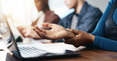 Buy stock photo Business person, hands and laptop with wrist injury or pain for carpal tunnel syndrome in office. Employee, journalist or copywriter with sore arm on computer for typing, strain or joint inflammation