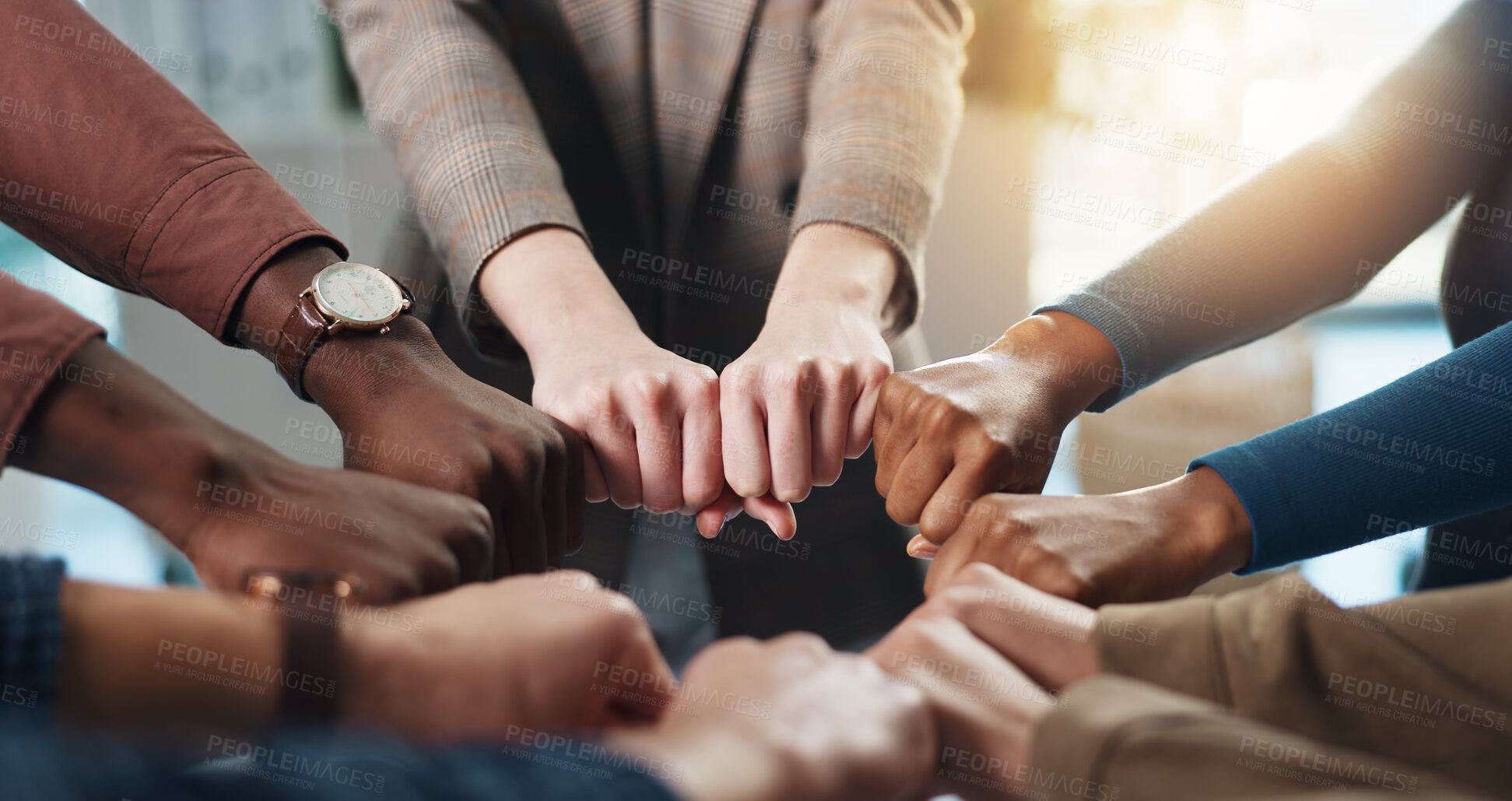 Buy stock photo Hands, business and people with fist together for team building, solidarity and trust with motivation. Staff, scrum and huddle in circle with collaboration, employees unity and synergy for connection
